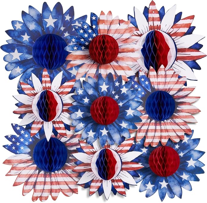 SUNBEAUTY 4th of July Patriotic Decorations Red White Blue Hanging Honeycomb Balls Independence Day Paper Honeycomb Flower for Memorial Day USA Flag Veterans 250th Anniversary Party Supplies