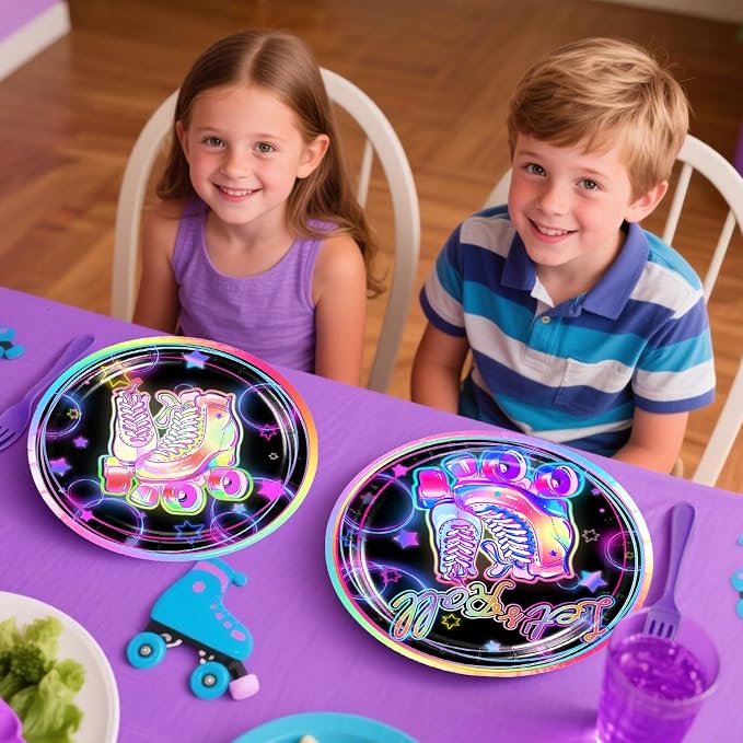 228pcs Roller Skating Party Supplies Tableware Set-Service 25, All-in-one Roller Skate Party Decorations Include 350gsm Plates Banner Napkins Cups Tablecloth Centerpiece Balloons