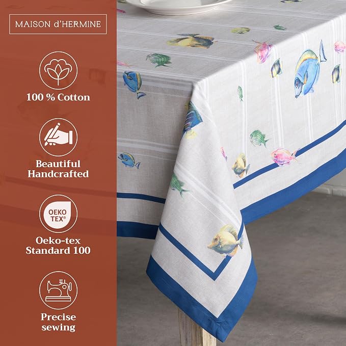 Maison d' Hermine Table Cloth Rectangle Table 100% Cotton 60 x 90 Inches Tablecloth Reusable Decorative for Dining Kitchen Room Farmhouse Party Home Hotel Restaurant Spring Summer - Poisson