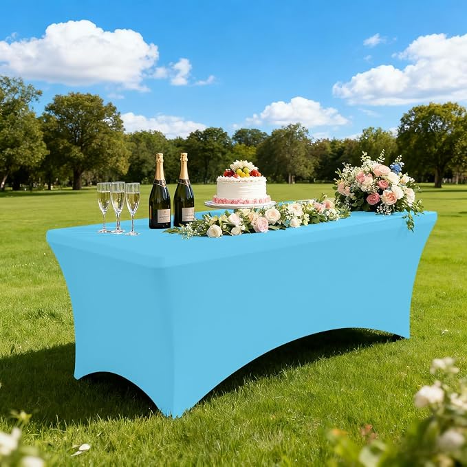 Moosfor Spandex Elastic Fitted 8FT Rectangle Tablecloth 6 Pack, Stretch Washable Reusable Table Cover for Outdoor Picnic, Dining, Wedding, Banquet & Party Events (Blue Mist, 96Lx30Wx30H Inch)