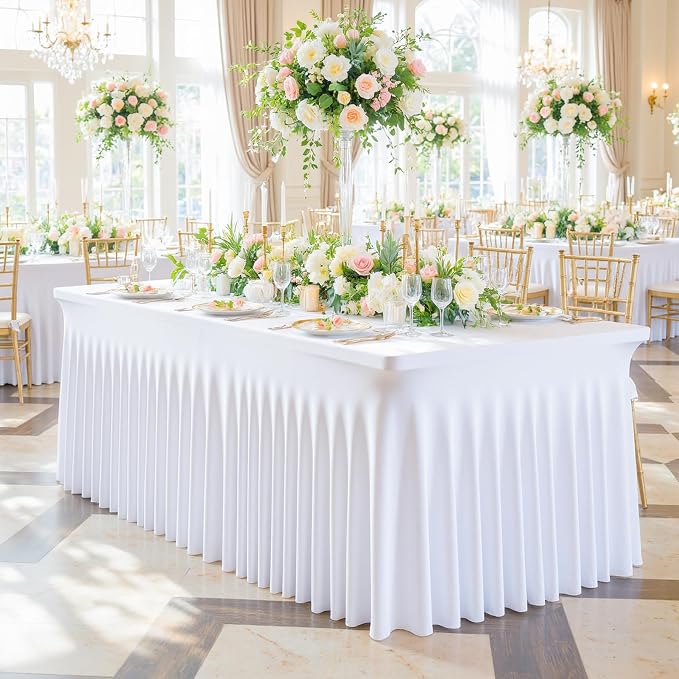 6 Pack White Table Cloth for 8 Foot Rectangle Tables Spandex Fitted Tablecloth 8ft Stretch Table Covers Skirt White Banquet Tablecloths Wrinkle Free Tablecloth for Party Wedding Birthday Event
