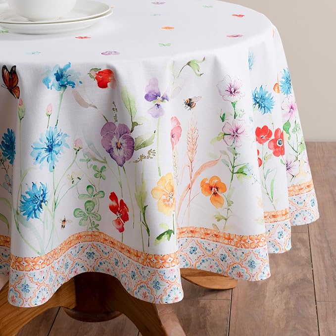 Maison d' Hermine Table Cloth Round Table 100% Cotton 69 Round Inches Tablecloth Reusable Decorative for Dining Kitchen Room Farmhouse Party Home Hotel Restaurant Spring Summer - Summer Whisper