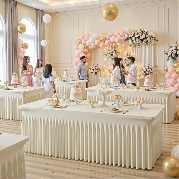 8 Pack Spandex Beige Fitted Table Cloth for 6ft Rectangle Tables Beige Stretch Tablecloth Table Covers Skirt Banquet Wrinkle Free Tablecloths for Parties Wedding
