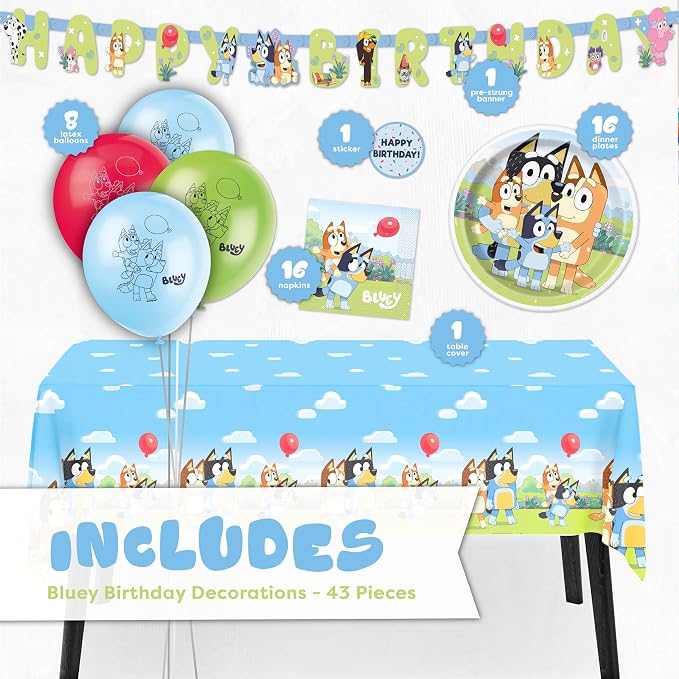 Bluey Birthday Decorations and Party Supplies | Serves 16 Guests | Bluey Party Decorations | Banner, Tablecloth, Balloons, Plates and Napkins, Sticker | Officially Licensed