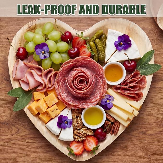 50 Pcs Heart Shaped Palm Leaf Plates, Disposable Compostable Plates, Bamboo Like Charcuterie Boards for Wedding, Party, Catering, Camping, Events and Daily Use(8 Inches)