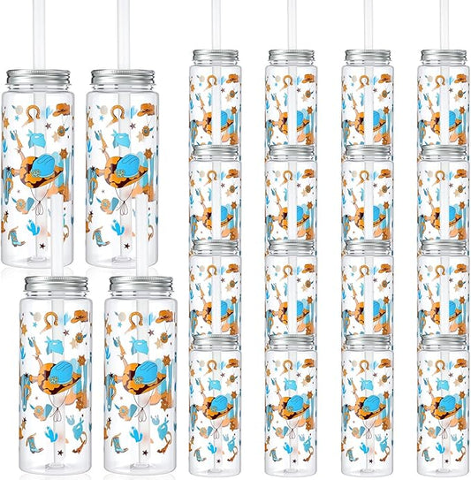 LemonRoad 24 Pcs Cowboy Plastic Cups with Lid and Straw 14 oz Reusable Cowboy Themed Party Decorations Tumbler Beer Can Iced Coffee Cup for Preppy Western Party Decoration
