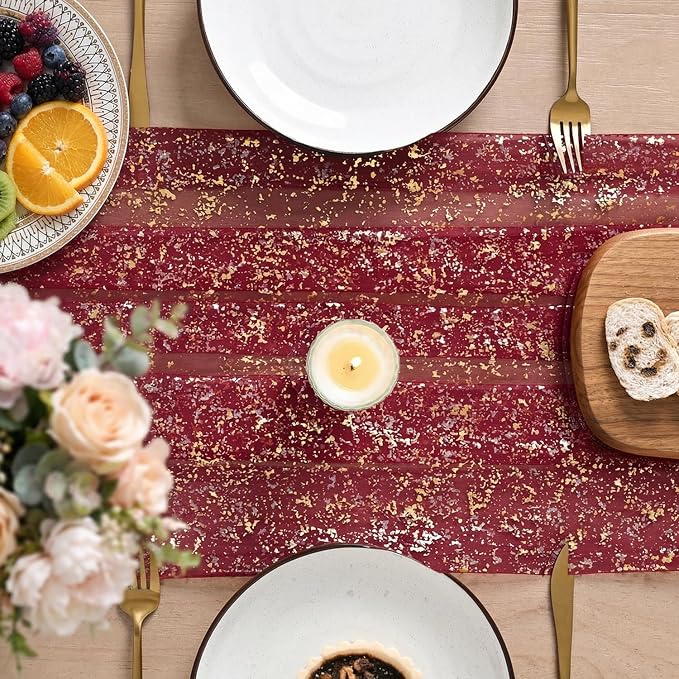 Artoid Mode 3PC Burgundy Gold Gauze Table Runner 120 Inch 10FT, Glitter Metallic Foil Sheer Dining Wedding Anniversary Holiday Birthday Table Decor for Home Party