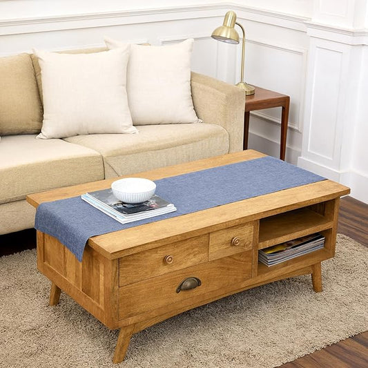 Solino Home Linen Short Table Runner 60 Inches - Athena, 100% Pure Linen Chambray Indigo Table Runner 14 x 60 Inch Ideal for Dresser and Coffee Tables - Spring, Summer, Mothers Day