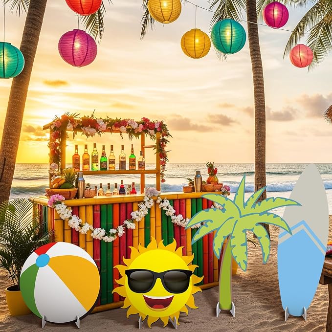 4 Pack Summer Beach Party Decoration 31'' Large Surfboard Cardboard Cutout Life Size Pool Photo Booth Prop Coconut Tree Sun Beach Ball Outdoor Sign for Swimming Hawaiian Luau Bar Supplies