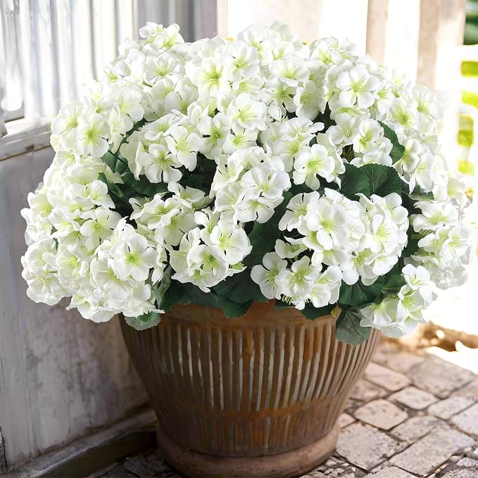 Hananona 12 Pcs Artificial Geranium Flowers for Outdoors Geranium White Silk Flowers Outdoor UV Resistant Garden Plants Faux Flowers for Home Kitchen Table Centerpieces Decor (12, White)