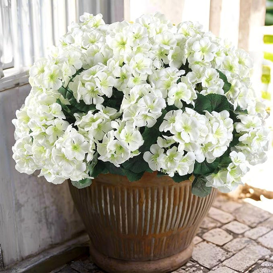 Hananona 12 Pcs Artificial Geranium Flowers for Outdoors Geranium White Silk Flowers Outdoor UV Resistant Garden Plants Faux Flowers for Home Kitchen Table Centerpieces Decor (12, White)