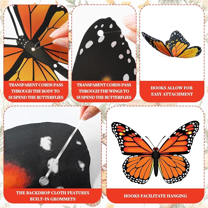 Tingjoo 21 Pcs Large Butterfly Decorations Kit 3D Monarch Butterfly Party Backdrop Decorations and 20 Pcs Hanging Butterflies Photo Booth Props for Baby Shower Wedding Garden Birthday Party
