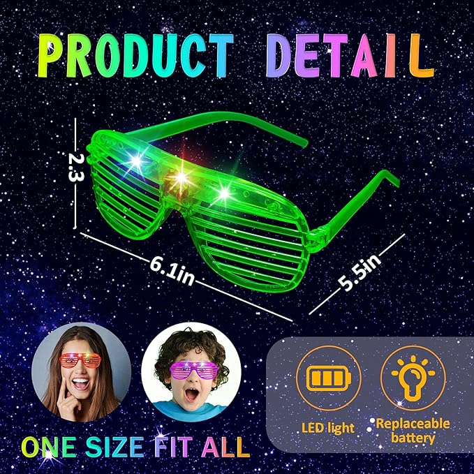 SHQDD 24 Pack LED Glasses, Glow in the Dark Party Supplies, 5 Neon Colors with 3 Flashing Modes, Glow in the Dark Sunglasses Toys Bulk, Neon Party Favors for Kids/Adult Birthday Halloween Holiday