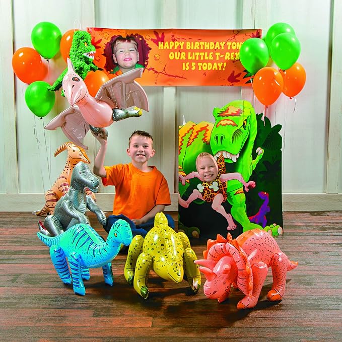 Fun Express Large Inflatable Dinosaur Set of 6 - Dinosaur Birthday Decorations for Boys & Girls | Party Favors & Dino Decor for Kids Birthday Party | Giant Blow Up Dinosaur Toys 27-30 Inch