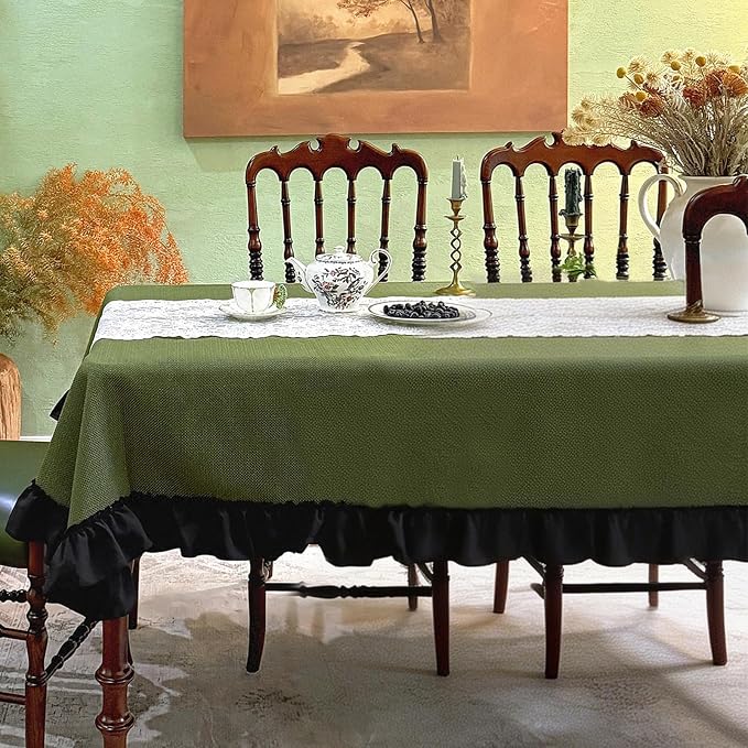 Sage Green Ruffled Table Cloth Rectangular Table, Washed Vintage Thick Decorative Tablecloth for Dining Farmhouse Wedding - 72"x54"