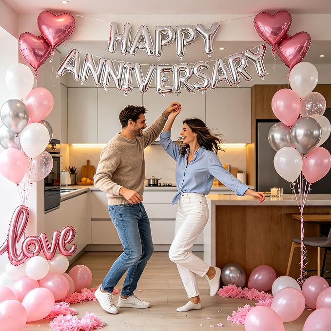 Pink Happy Anniversary Balloons Kit with Heart Shaped, Love Foil Balloons and 1000 Pieces Rose Petals for Valentine's Day Proposals Decorations (Pink - Happy Anniversary)