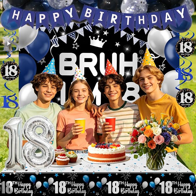 18th Birthday Decorations for Boys & Girls, 54 PCS Blue Black Party Decorations, 18 Year Old Boy Birthday Party Supplie with Banner Backdrop, Hanging Swirls, Tablecloth, Bruh I'm 18 Party Supplies