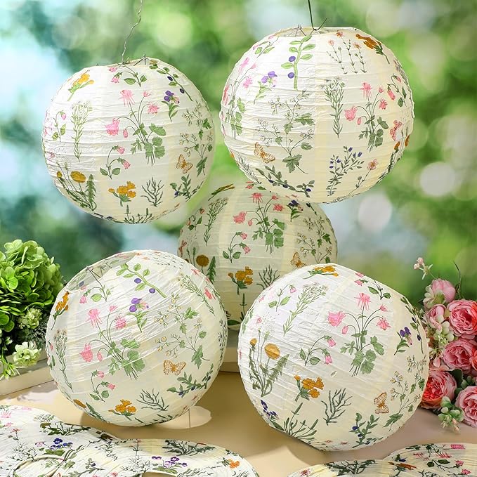 Honoson 12 Pcs Wildflower Paper Lanterns Spring Floral Wildflower Party Decorations Hanging 10 Inch Chinese Lanterns for Wedding Bridal Shower Baby Shower Tea Party Decorations