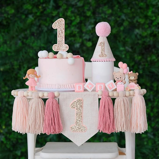 1st Birthday Decorations Girl,One High Chair Banner Girl,First Happy Birthday Hat Outfit Baby Girl Cake Topper Birthday Party Decorations