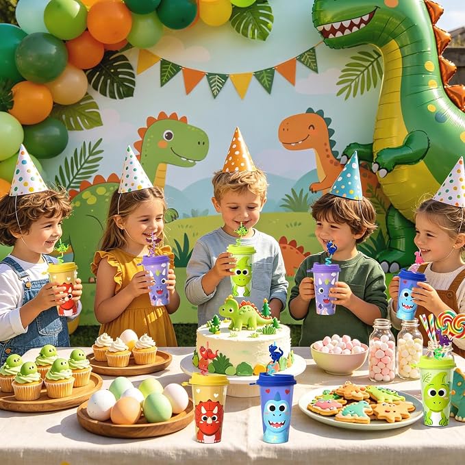 Dinosaur Party Favors for Kids, 24 Pack Dino Birthday Cups with Lids and Straws, 16oz Dinosaur Party Supplies, Goodie Bag Stuffers, Classroom Prizes, Boys Girls Birthday Decorations