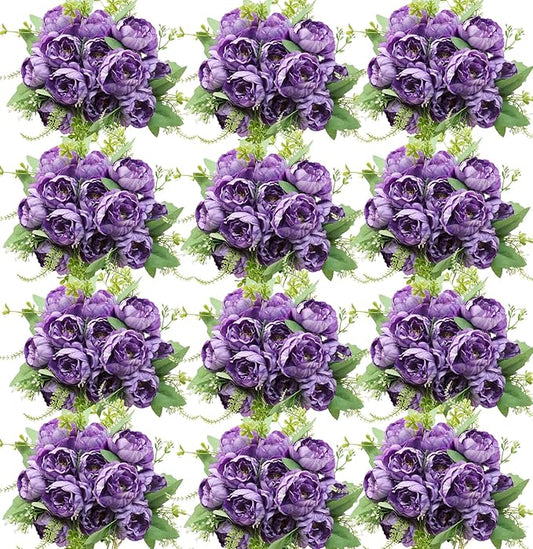 12 Pcs Artificial Peonies Silk Flowers, Fake Peony Bouquet Boho Faux Flowers Arrangements for Wedding Home Centerpiece Table Decoration (Dark Purple)