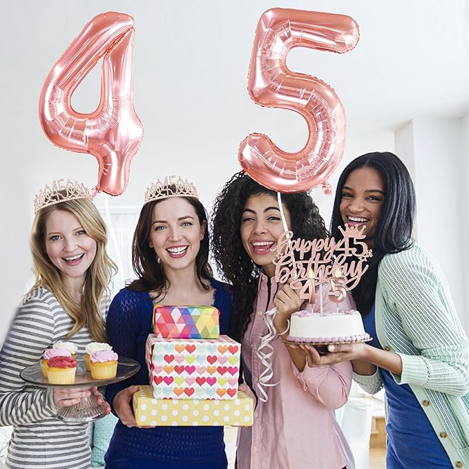 45th Birthday Decorations for Women, Include 45th Birthday Sash and Tiara, Cake Topper and Candles, Number Balloons, 45 Year Old Gifts for Women