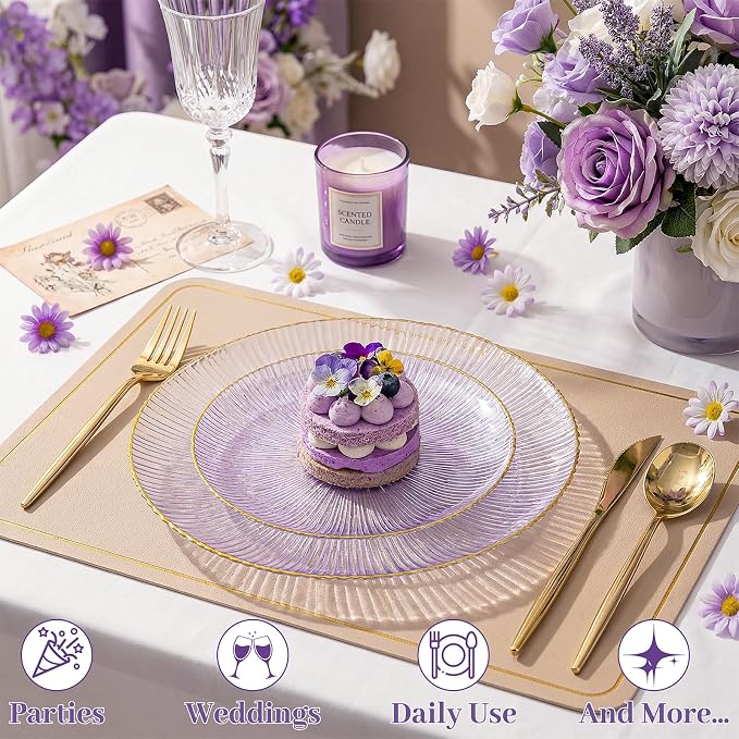 DaYammi 60Pcs Purple Plastic Plates with Gold Rimmed - Purple Disposable Plates Set Including 30pcs Dinner Plates,30pcs Dessert Plates with Radial Texture for Party & Wedding Bridal Shower