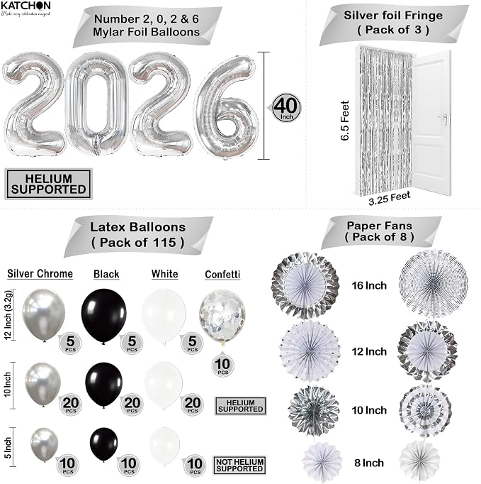 KatchOn, Huge New Years Eve Party Supplies 2026 - Huge Pack of 154 | Silver Fringe Backdrop | 2026 Balloons | Star Balloons For New Years Decorations 2026| NYE Decorations 2026 | New Year Party Decor