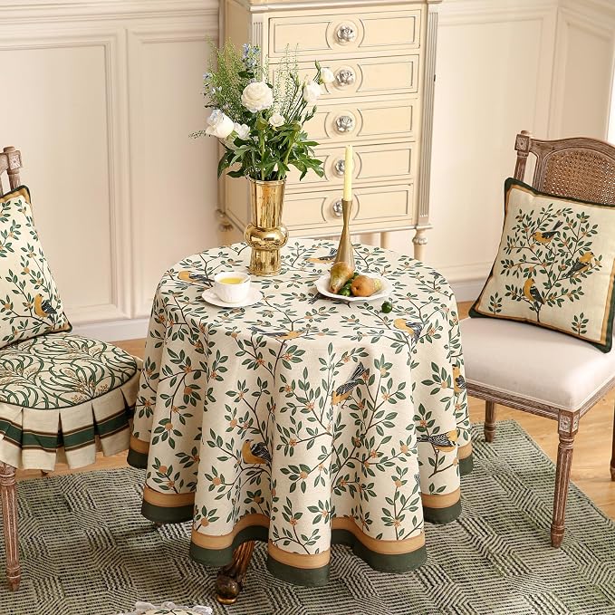 patdrea Designer French Linen Tablecloth,Round,Diameter 55"-Warbler A | Vintage Table Cloth for Round Table,Yellow and Green Floral Pattern,Dining Room Tea Party Thanksgiving Decor