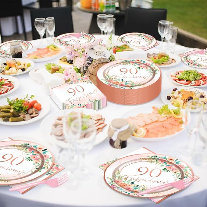 50 Guests 90th Party Decorations Plates Napkins Rose Gold Party Tableware Set Fabulous Party Supplies Women 90th Birthday Floral Paper Plates Napkins 200PCS