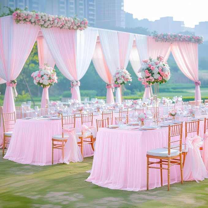 Pink Tulle Tablecloth for 8 Foot Rectangle Table, Light Pink Tulle Tables Skirt Cover 8ft Banquet Wedding Table Cloths Baby Shower Tutu Ruffle Tables Skirt Cloth for Party Bridal Shower