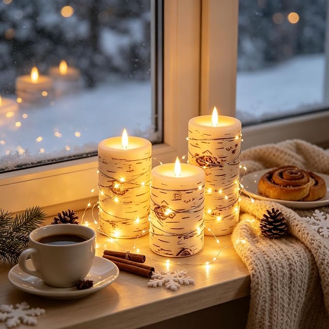 Da by 3 Pack Birch Bark Real Wax Flameless Candles, Flickering LED Taper Candles with Copper String Lights, Battery Operated Candles with Remote for Farmhouse Wedding Home Decor