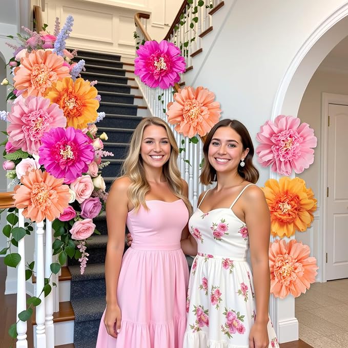 SUNBEAUTY 12PCS Large Paper Flowers 12 Inch Pink Orange Tissue Paper Flowers Pink Orange Giant Crepe Paper Flowers for Girl Women Birthday Wedding Flower Backdrop Wall Spring Garden Party Supplies