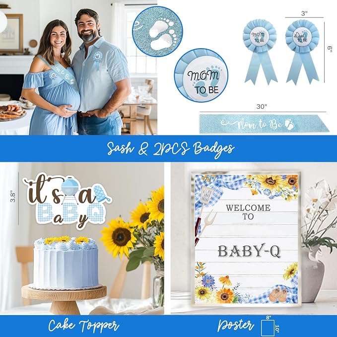 Baby Q Baby Shower Decorations for Boys, 128 PCs - BBQ Baby Shower Party Supplies with Blue Babyq Backdrop, Balloon Garland, Gingham Tablecloth, Cake Topper