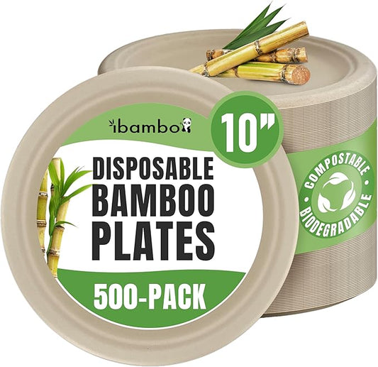 Paper Bamboo Plates Disposable (500-Pack, 10-inch) | Sturdy & Microwave Safe | Compostable Paper Plates Disposable Heavy Duty | PFAS Free, Biodegradable | FSC Certified Alternative to Plastic