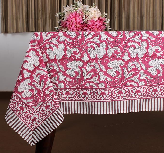 Ridhi Deep Pruce Red Hand Block Print Cotton Rectangle Tablecloth 160" x 72" inches Reusable Table Cover Decorative Everyday Use for Dining Room, Farmhouse, Home Gift for Spring, Mother's Day