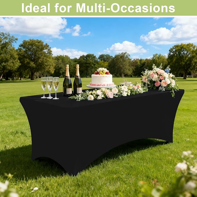 Moosfor Spandex Elastic Fitted 6FT Rectangle Tablecloth 6 Pack, Stretch Washable Reusable Table Cover for Outdoor Picnic, Dining, Wedding, Banquet & Party Events (Black, 72Lx30Wx30H Inch)