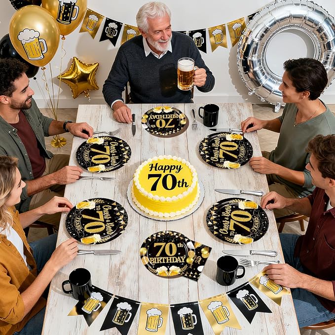 96Pcs 70th Birthday Party Supplies Black Gold Plates and Napkins Tableware Sets Cheers and Beers to 70 Years Decorations Favors for Men Women 70 Years Old Birthday Dinner Holiday Party Serves 24