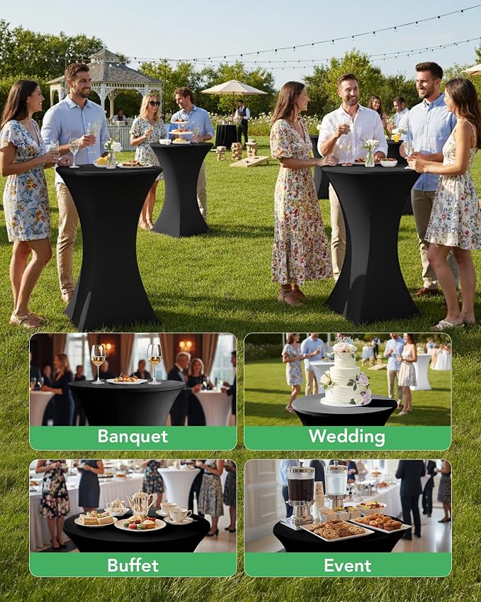 KeyWave Cocktail High Top Table Covers - 32x43 Inch Fitted Spandex Round Cocktail Tablecloth for Bar Height Standing Table Cloths Reusable, for Party Wedding Banquet Event Decorations, Black, 10 Pack