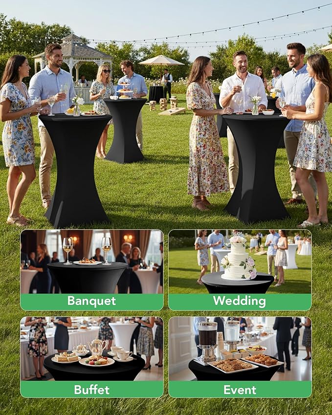KeyWave Cocktail High Top Table Covers - 32x43 Inch Fitted Spandex Round Cocktail Tablecloth for Bar Height Standing Table Cloths Reusable, for Party Wedding Banquet Event Decorations, Black, 8 Pack