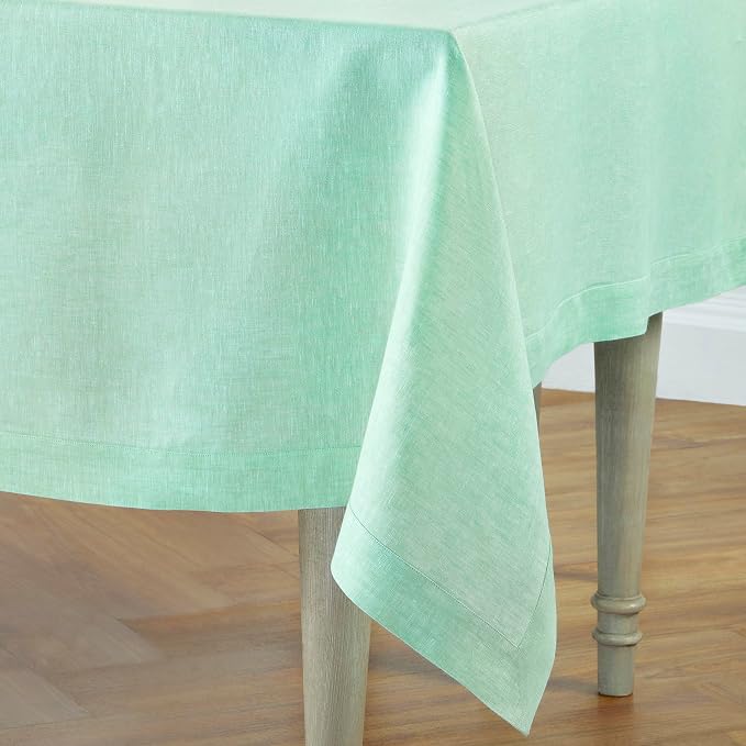 Solino Home Linen Tablecloth 60 x 108 Inch - 100% Pure Linen Chambray Aqua Table Cloth for Rectangle Tables - Athena, Machine Washable Tablecloth for Summer