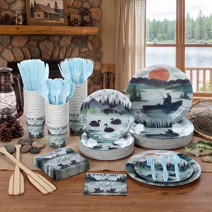 300 Pcs Lake Life Birthday Party Supplies Summer Lakeside Party Dinnerware Includes Plates, Napkins and Cups Plastic Cutlery Happy Birthday Dinnerware Kits, Serve 50 Guests