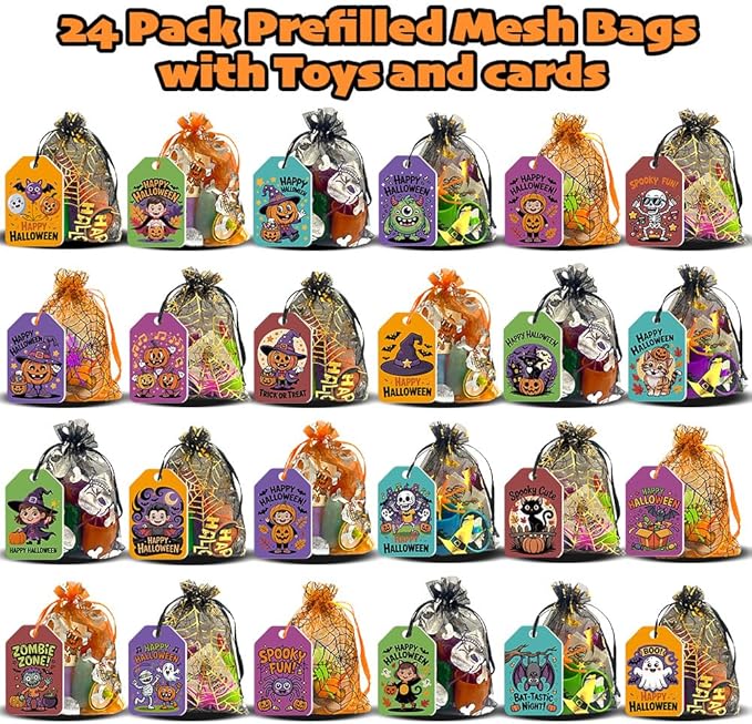 VKTEN 24 Pack Halloween Party Favors for Kids–Prefilled Mesh Treat Bags with Toys, Gift Tags & Twine–Trick or Treat Goodie Bag Fillers, Classroom Prizes & Exchange Gifts