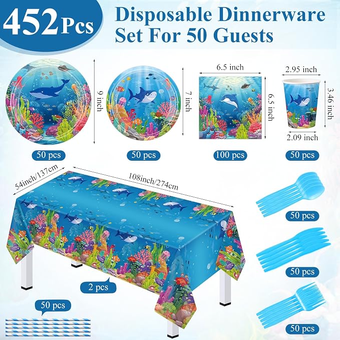 LemonRoad 452 Pcs Under the Sea Birthday Decorations for Ocean 50 Paper Plates Napkins Cups Tablecloth Cutlery Straws Disposable Tableware for Sea Animal Underwater Baby Shower Birthday Party Supplies