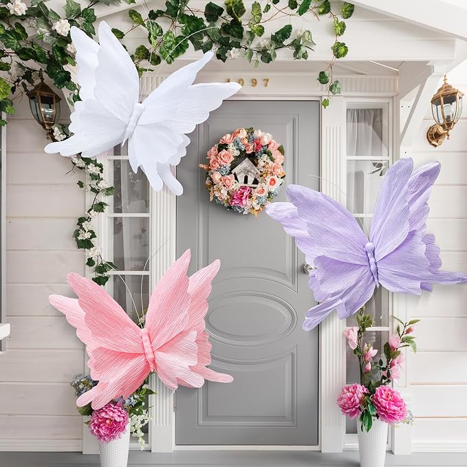 3 Pcs 3D Large Hanging Butterfly Decorations Large Butterfly Birthday Party Decorations 3D Crepe Paper Decoration for Wedding Party Birthday Baby Shower Garden(Purple, Pink, White,20 Inch)