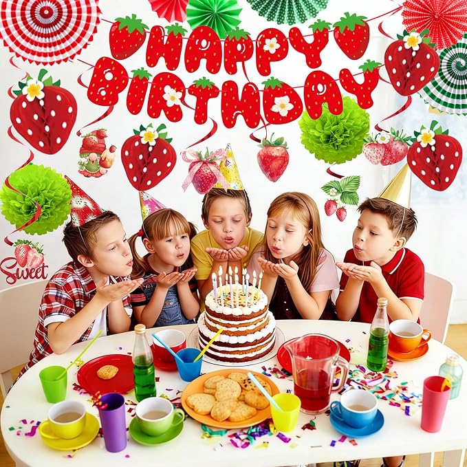 Strawberry Birthday Decorations,Cute Strawberry Party with Red Strawberry Honeycomb Balls,Green Paper Pom Poms,Paper Fan,Banner and Hanging Swirls Berry Hanging Decor Centerpieces