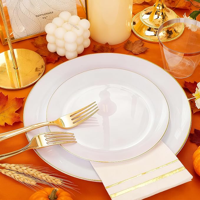 Festiva 175PCS White and Gold Plastic Plates - White with Gold Rim Fall Dinnerware Set - 25Guest include Plates Cups Cutlery Napkins for Birthday Party&Wedding& Easter