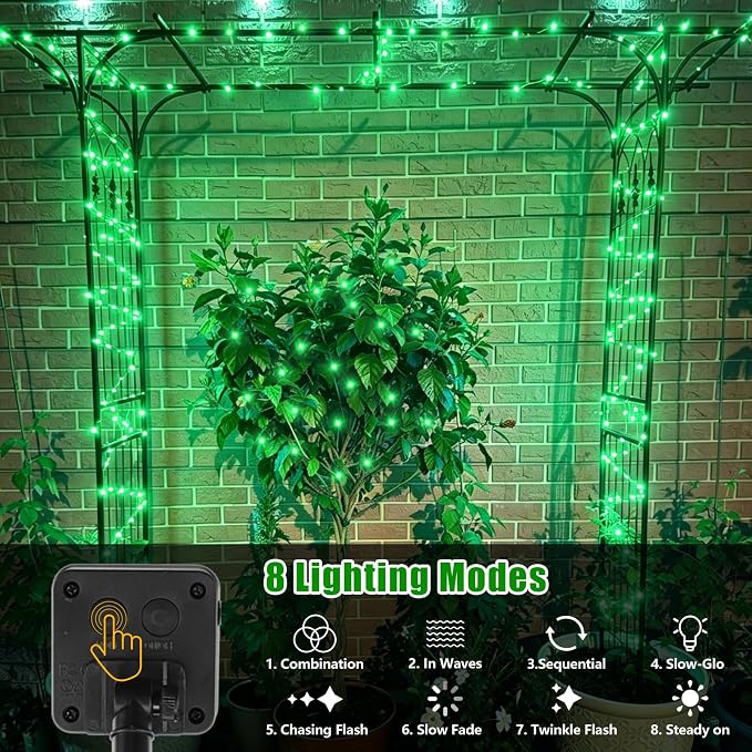 YEGUO 4 Pack Halloween Solar Fairy Lights, Each 33ft 100 LED Green Christmas Lights Outdoor Waterproof, 8 Modes Sliver Wire Solar String Lights