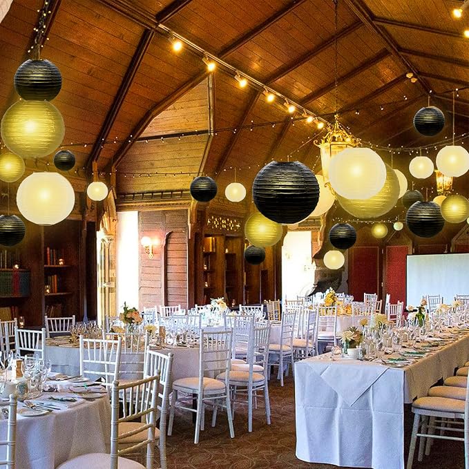 Paper Lanterns Decorative, Black Gold Chinese Paper Lanterns Ceiling Party Decorations with Lights for Graduation Anniversary Engagements New Years Eve Party 2026，14pcs