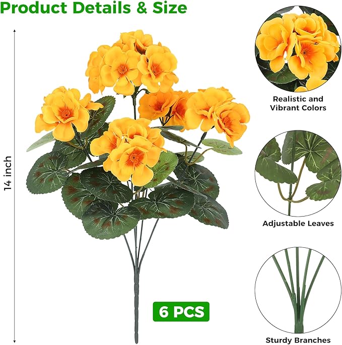 Ouddy Decor Artificial Geranium Flowers for Outdoors, Fake Silk Flowers UV Resistant Faux Geraniums for Vase Planter Garden Patio Balcony Porch Indoor Outdoor Spring Summer Home Decor, 6 Pcs Yellow